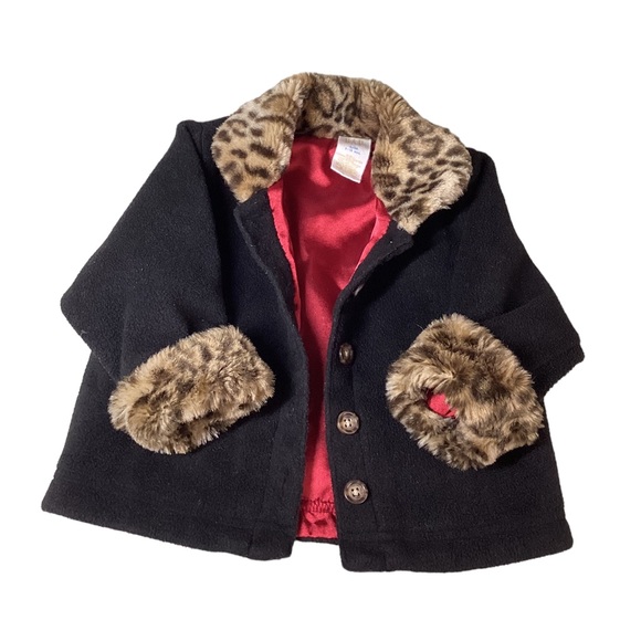 Baby GAP Girl Jacket Coat 6-12 month Black Red Leopard Animal Print Button Down - Picture 2 of 5